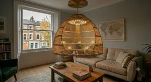 Adjustable height pendant light installed above a living room reading nook.