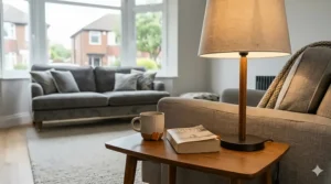 An adjustable metal table lamp providing task lighting in a small living room reading corner.