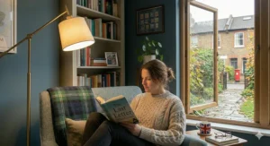 Close-up of a matte black adjustable task floor lamp illuminating an open book on a person's lap in a dimly lit room.