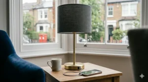 Pair of brass bedside table lamps with built-in USB chargers in a neutral-toned UK bedroom.