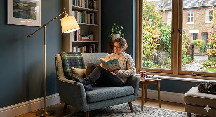 A sleek brass floor lamp casting a warm glow over a cosy fabric armchair in a modern British living room reading corner. floor lamp for reading corner
