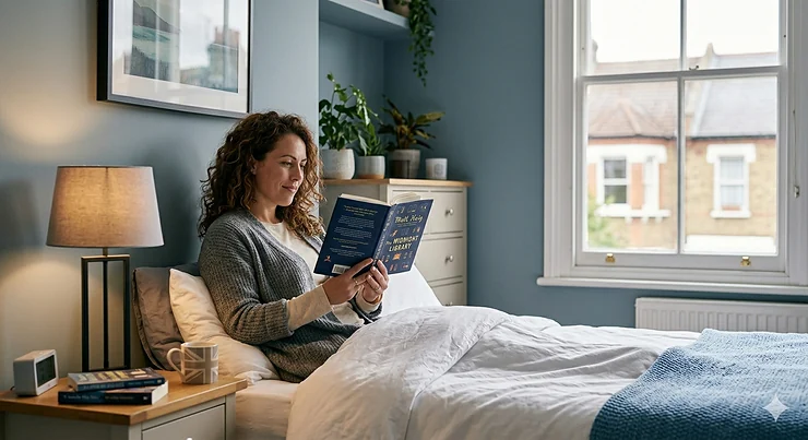 Modern ceramic table lamp under £30 on a wooden bedside table in a contemporary British bedroom.