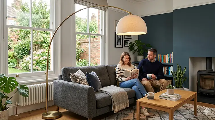 A brass arc floor lamp with a linen shade curving over a grey sofa where a couple is relaxing, set in a modern British lounge featuring classic sash windows and a wood-burning stove. arc floor lamp living room
