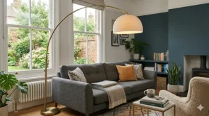 A brushed brass arc lamp hanging elegantly over a charcoal grey sofa in a stylish living room featuring a dark teal accent wall and a traditional black wood burner.
