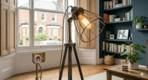 A brushed brass industrial floor lamp with an exposed Edison bulb standing beside a wooden sideboard.