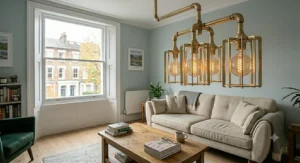 Elegant brushed brass pendant light suspended over a living room seating area.