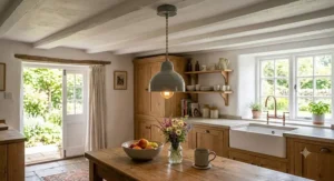 A grey ceramic pendant light for a low ceiling suspended over a kitchen breakfast bar.
