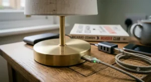 Close-up of a cordless rechargeable table lamp plugged into a USB-C cable showing the battery charging indicator light.