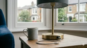 Black metal desk table lamp with USB port powering a tablet in a minimalist home office workspace.