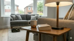 A dimmable table lamp creating a relaxing evening atmosphere in a neutral-toned living room.