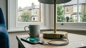 Dimmable LED table lamp with dual USB ports emitting a warm glow on a hallway console table.