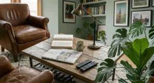A height dimension guide comparing a tall floor lamp for living room spaces next to a standard sofa