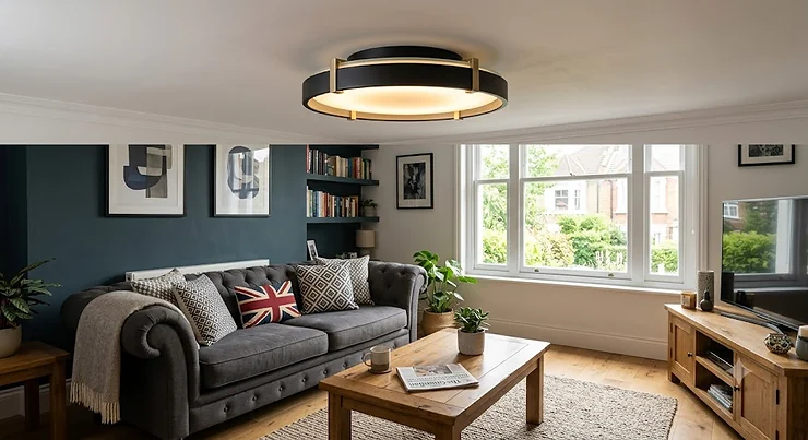 A modern flush mount pendant light for a low ceiling in a contemporary British living room.