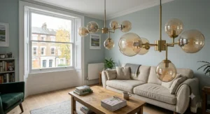 Clear glass pendant light diffusing soft, warm light in a cosy living room.