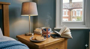 Classic grey fabric table lamp under £30 illuminating a cosy living room armchair.