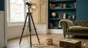 Close-up of an amber glass vintage Edison bulb glowing inside the mesh shade of an industrial floor lamp.