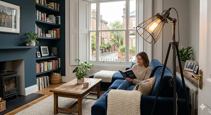 A black metal industrial floor lamp casting warm light over a velvet sofa in a modern British living room.
