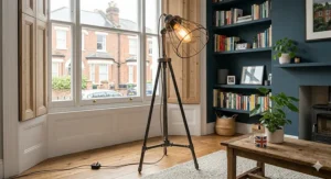 An adjustable industrial floor lamp positioned next to a fabric armchair in a cosy lounge reading corner.