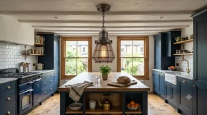 An industrial style pendant light designed for a low ceiling above a kitchen island.