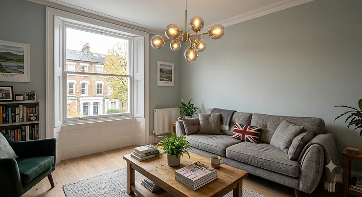 Large modern ceiling pendant light hanging in a bright, contemporary living room as a central focal point. ceiling pendant light living room