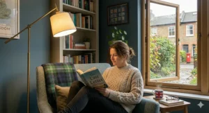 An iconic retro style arching floor lamp positioning light directly over a velvet button-back chair in a snug reading corner.