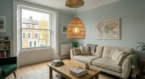 Sleek minimalist pendant light with clean lines for a Scandi-style living room.