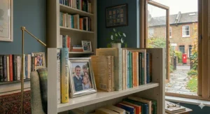 A light oak wood tripod floor lamp with a white linen shade creating a bright, airy Scandinavian style reading corner.
