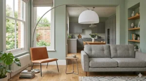 A contemporary arc floor lamp bridging the space between a tan leather chair and a grey sofa in a sage green sitting room with light oak flooring.
