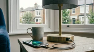 Sleek scandinavian style table lamp with integrated USB port next to a cup of tea.
