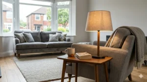 A modern ceramic table lamp on a wooden sideboard in a contemporary British sitting room.