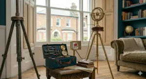 A three-bulb industrial tree floor lamp providing ambient lighting in a contemporary sitting room.
