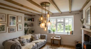 A multi-bulb cluster pendant light for a low ceiling providing bright illumination in a sitting room.