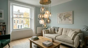 Staggered cluster pendant light creating a dramatic feature in a high-ceiling living room.