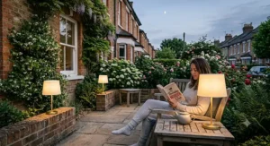 Waterproof table lamp rechargeable cordless model lighting up an outdoor dining table on a garden patio at dusk.