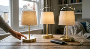 Portable table lamp rechargeable cordless fixture being carried safely down a dark hallway during a power cut.
