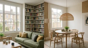 A stylish rattan pendant light suspended above a wooden dining table in a contemporary home.
