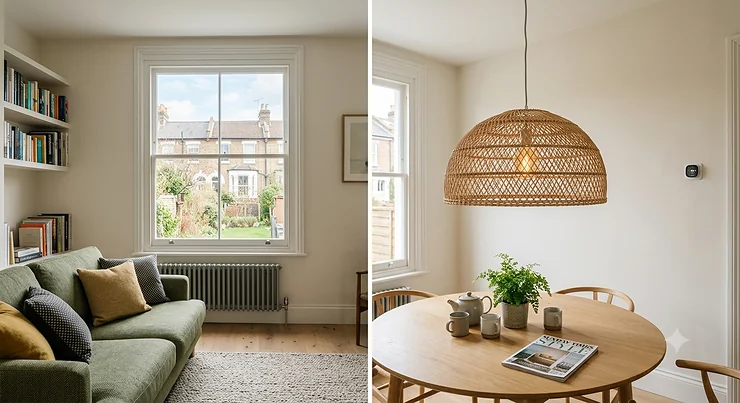 A large natural rattan pendant light hanging as a statement piece in a modern, light-filled British living room.