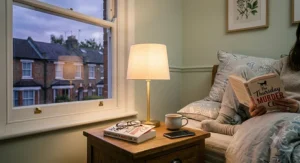 Dimmable rechargeable cordless table lamp providing warm light on an oak bedside table next to a made bed.