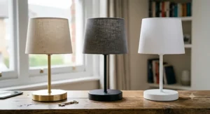 Lineup of rechargeable cordless table lamps in matte black, soft cream, and brushed aluminium metal finishes.