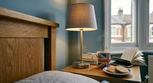 Amber ribbed glass table lamp under £30 on a neutral hallway console table.