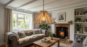 A Scandinavian style wooden pendant light for a low ceiling in a cosy lounge.