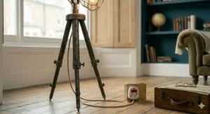 A slimline industrial floor lamp tucked neatly into the corner of a small apartment living room.