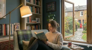 A modern smart floor lamp emitting soft warm white light next to a contemporary accent chair, illustrating optimal reading light levels.