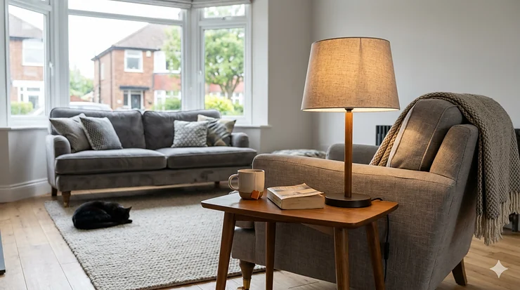 A stylish brass table lamp illuminating a cosy living room next to a velvet armchair.