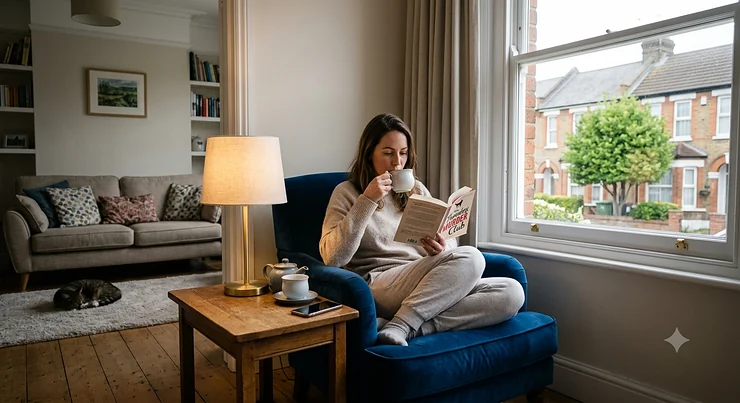 Modern rechargeable cordless table lamp in brushed brass illuminating a cosy UK living room side table.