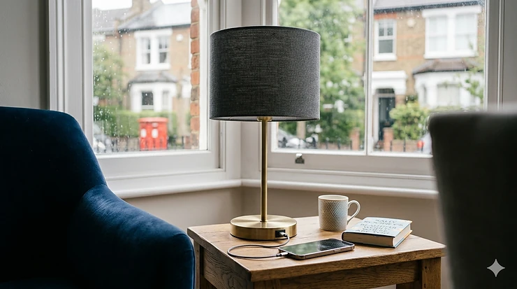 Modern table lamp with USB port charging a smartphone on a wooden bedside cabinet.