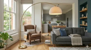 A classic leather wingback armchair paired with a brass arc floor lamp next to a grey sofa, creating a perfect reading nook in a British sitting room.