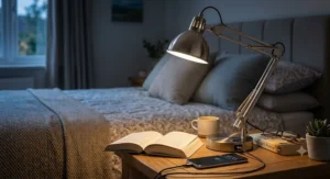 Adjustable bedside reading lamp with integrated USB charging port emitting warm white light