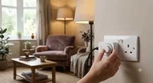 Adjusting cozy living room floor lamp brightness using a plug-in dimmer switch.
