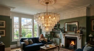 Art Deco inspired tiered glass disc chandelier casting ambient shadows across a stylish Edwardian living room